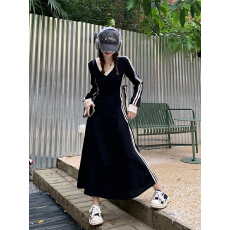 批发春秋季<b class='q'>收腰</b>显瘦大码胖mm200斤V领<b class='q'>连衣裙</b>子黑色长款过膝长