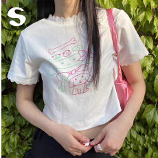 批发仿棉酷丝棉夏季短款卡通印花<b class='q'>蕾丝</b>边拼接短款显瘦百搭短袖<b class='q'>T</b>