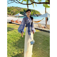 批发法式蓝色v领碎花<b class='q'>衬衫</b>女<b class='q'>夏季</b>设计感交叉绑带收腰雪纺小衫气