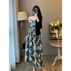 批发打揽两件套 水墨玫瑰<b class='q'>吊带</b>连衣裙女夏季甜辣中长款裙子开衫两件套