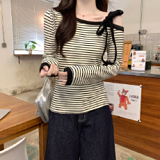 批发<b class='q'>条纹</b>长袖t恤女装2026新款露肩设计感修身<b class='q'>打底衫</b>