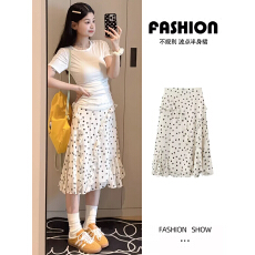 批发白色不规则波点半身裙女夏季2026新款高腰修身a字花边中长裙