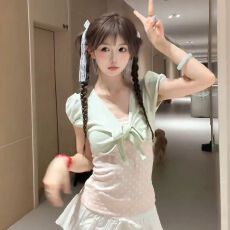 已出货新款夏季假两件甜美波点上衣女