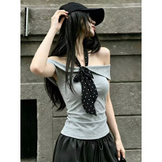 批发已出货纯欲灰色<b class='q'>一字肩</b>短袖t恤女夏季新款