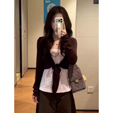 批发已出货韩系甜美蕾丝花边波点背心女春季新款短款<b class='q'>开衫</b>上衣两件套