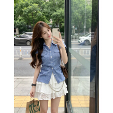 批发已出货韩系掐腰<b class='q'>修身</b>显瘦蓝色格子短袖衬衫女夏季格纹衬衣甜辣风