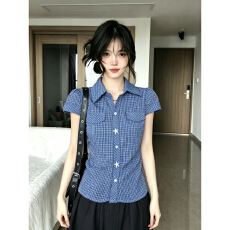 批发已出货 韩系掐腰<b class='q'>修身</b>显瘦蓝色格子短袖衬衫女夏季格纹衬衣甜辣风