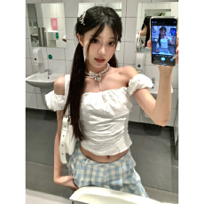 批发已出货爱丽丝 白色绣花<b class='q'>一字肩</b>衬衫女春夏设计感修身显瘦短