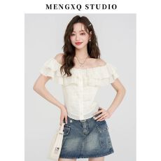 批发已出货露肩短袖衬衫女夏季温柔荷叶边衬衣<b class='q'>一字肩</b>雪纺上衣