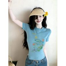 批发已出货韩系甜酷风手绘涂鸦印花短袖T恤女夏季蓝色<b class='q'>修身</b>上衣潮