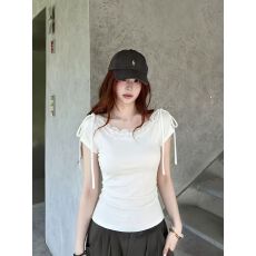 批发已出货 韩式日常<b class='q'>通勤</b>杏色蕾丝绑带短袖女辣妹修身显瘦百搭上衣