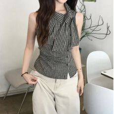 批发已出货黑色格子<b class='q'>衬衫</b>女款小个子夏季新款韩系<b class='q'>修身</b>显瘦上衣无袖