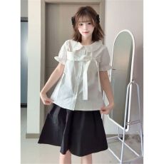 批发已出货法式温柔气质风泡泡袖蝴蝶结夏季少女感<b class='q'>白色</b>娃娃领<b class='q'>衬衫</b>