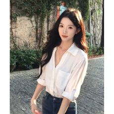 批发已出货时尚气质女秋季法式休闲<b class='q'>白色</b>polo领长袖<b class='q'>衬衫</b>显瘦