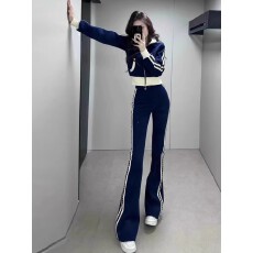 批发炸街辣妹休闲<b class='q'>运动服</b>套装女秋时髦<b class='q'>修身</b>侧条纹卫衣高腰微喇裤两件套