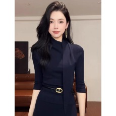 批发【<b class='q'>上衣</b>】荡领五分<b class='q'>袖</b>设计感围脖针织衫<b class='q'>上衣</b>女装 YSA89056
