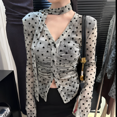 批发渐变色设计款褶皱收腰修身立体植绒<b class='q'>波点</b><b class='q'>衬衣</b>9