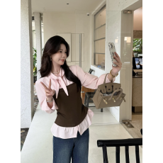 批发韩系撞色拼接假两件修身衬衫秋季新款气质系带衬衣上衣