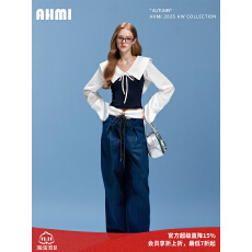 批发AHMI“朋克千禧”海军领蝴蝶结衬衣春<b class='q'>秋</b>季少女学院风蓝白撞色上衣