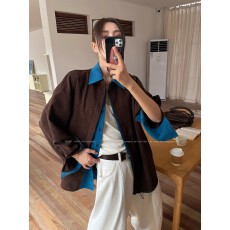 批发JCCC影子【墨咖深海】<b class='q'>秋</b>冬百搭咖色撞色拼接假两件廓形显瘦衬衫