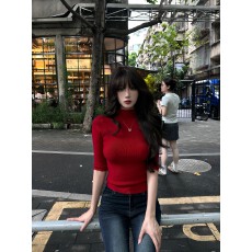 批发AWMUMU 极简知性半高领打底针织衫女内搭修身显瘦<b class='q'>中袖</b>正肩上衣女