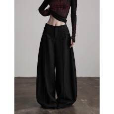 批发独INDULGE 零点形式·西装面料 侧廓形系带弯刀阔腿休闲黑长裤女