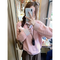 批发韩系粉色假两件毛衣女秋冬<b class='q'>衬衫</b>拼接内搭针织衫上衣冬季