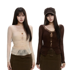 批发withmin凉皮 蕾丝拼接假两件秋冬镂空修身设计打底长袖T恤