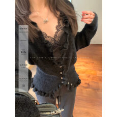 批发e go studio <b class='q'>马海毛</b>羊毛深灰荷叶边<b class='q'>开衫</b>毛衣女蕾丝拼接设计感上衣