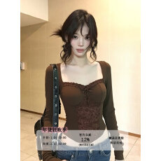 批发纯欲复古风<b class='q'>蕾丝</b>长袖t恤女秋冬方领内搭打底衫<b class='q'>性感</b>气质设计感上衣