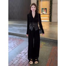 批发【奢宠主角】雾中芭蕾V领<b class='q'>丝绒</b>拼接纽扣显瘦上衣直筒加绒裤<b class='q'>套装</b>