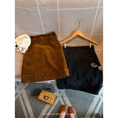 批发aaaaxbbb 热红酒 两色复古麂皮腰带<b class='q'>中裙</b>设计感纽扣直筒<b class='q'>半身</b>裙秋冬