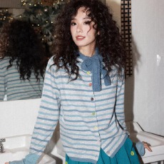 批发化学少女「<b class='q'>糖果</b>纸」绵羊毛蓝<b class='q'>色</b>条纹<b class='q'>开衫</b>打底内搭毛衣女秋冬上衣