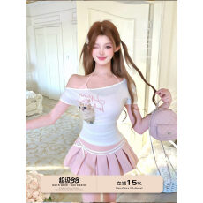 JOYKIKI 上衣女纯欲风印花短袖T恤a字百褶半裙减龄漂亮早春套装