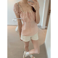 批发我很懒 海盐与玫瑰 可调节花边领显瘦上衣女夏少女感苎麻粉色<b class='q'>衬衫</b>