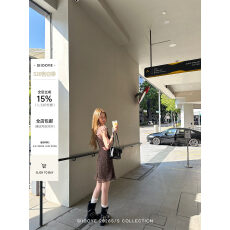Siiooye摩卡vibe 咖色抽绳碎花裙吊带连衣裙女夏小众收腰短裙长裙