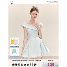 批发QDQD 优雅气质设计感蓝色<b class='q'>连衣裙</b>夏季新款收腰显瘦高级感蓬蓬裙子