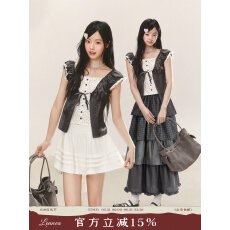 批发LENNEA<b class='q'>假两件</b>波点短袖T恤女夏季甜酷风小飞袖荷叶边上衣撞色小衫