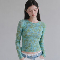 批发度假风<b class='q'>花朵</b>印花<b class='q'>T</b><b class='q'>恤</b>女秋季圆领套头内搭上衣轻薄微透长袖防晒罩衫