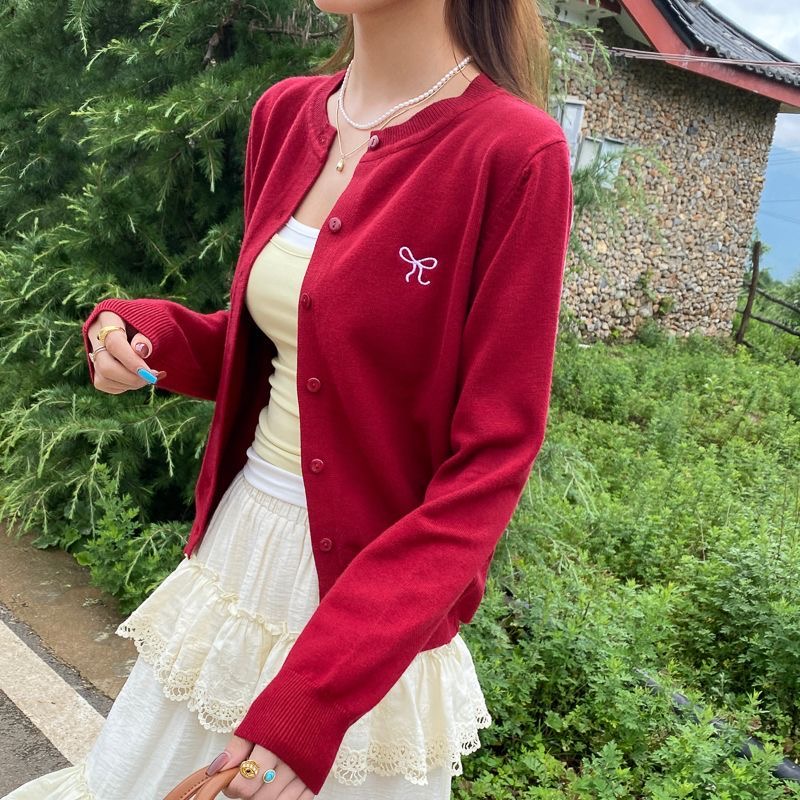 MY17039# 红色刺绣针织开衫女外搭新款薄毛衣修身长袖内搭打底上衣女裝貨源服裝批發