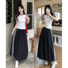 批发2026胖MM大码黑色花边<b class='q'>条纹</b>套装夏季短袖宽松T恤半身裙两件套遮肉