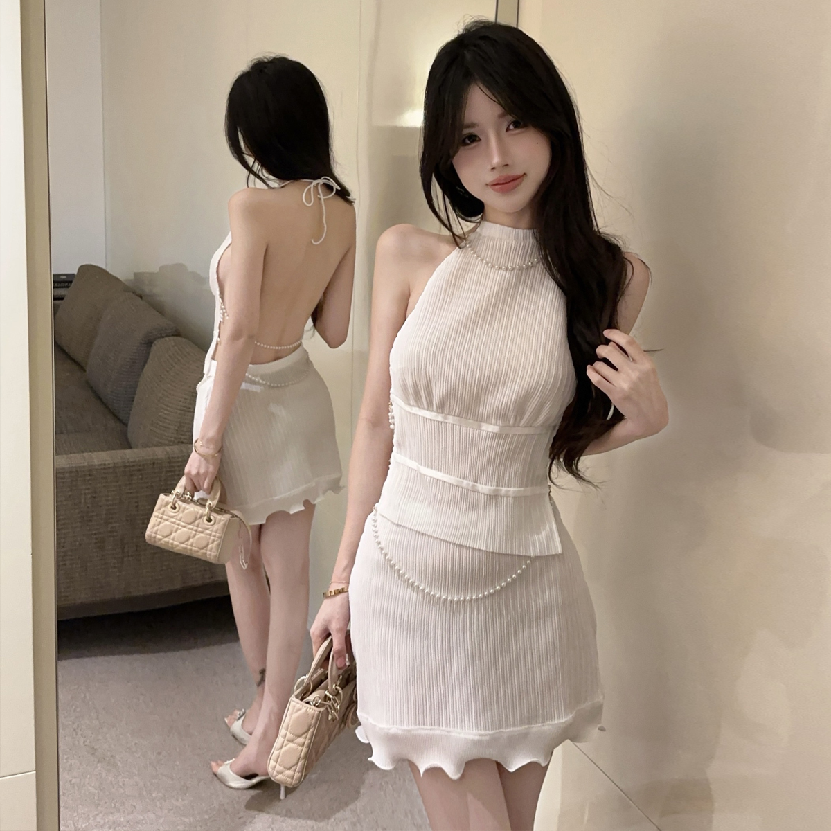 FA30942# 纯欲性感高级感小众珍珠链条挂脖露背上衣短裙两件套 服裝批發女裝批發服飾貨源