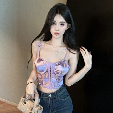 批发实拍实价  纯欲风辣妹少女排扣内搭修身蝴蝶性感短款小吊带背心