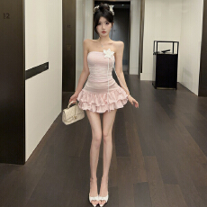 批发实拍实价  甜美可爱少女立体花<b class='q'>裹</b><b class='q'>胸</b><b class='q'>蕾丝</b>提花抹胸荷叶边短裙套装