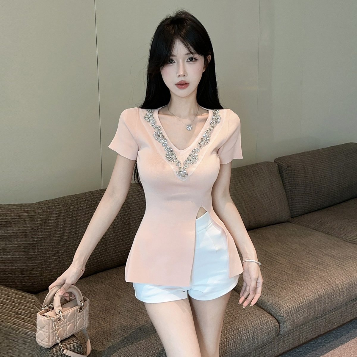 MY70184#  纯欲风甜美少女重工镶钻短袖收腰针织衫百搭开叉上衣女裝貨源服裝批發