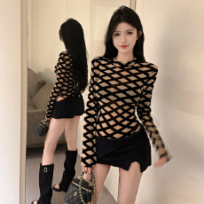 批发实拍实价  纯欲风法式小心机网格设计透视修身长袖打底<b class='q'>塑</b><b class='q'>身</b><b class='q'>连体</b><b class='q'>衣</b>