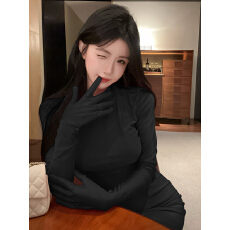 批发实拍实价 秋季新品走秀款潮牌连手套紧身包臀<b class='q'>连衣裙</b>弹力纯欲短裙