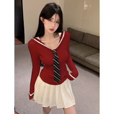 批发实拍实价  学院风网红款撞色条纹修身针织衫配<b class='q'>百褶</b><b class='q'>短裙</b>jk制服套装