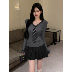 批发实拍实价  复古海军领针织衫秋季撞色条纹领带配<b class='q'>百褶</b><b class='q'>短裙</b>少女套装