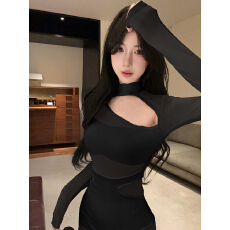 批发实拍实价  秋季新品镂空设计性感辣妹网纱拼接透视修身包臀连衣裙